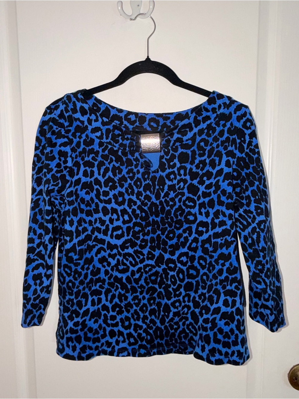 Y2K Blue Black Leopard Print Long Sleeve Top Animal Print Casual Tunic